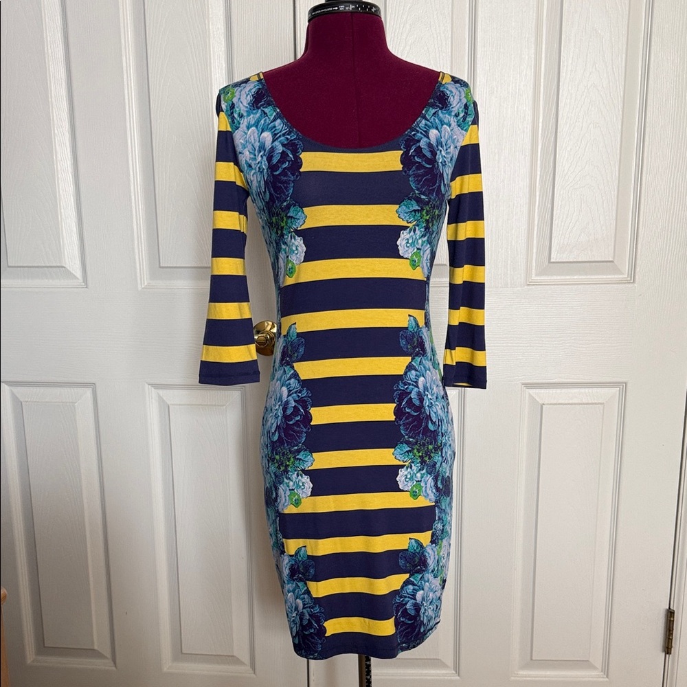 Chelsea & Violet Yellow & Navy Striped Floral Midi Dress